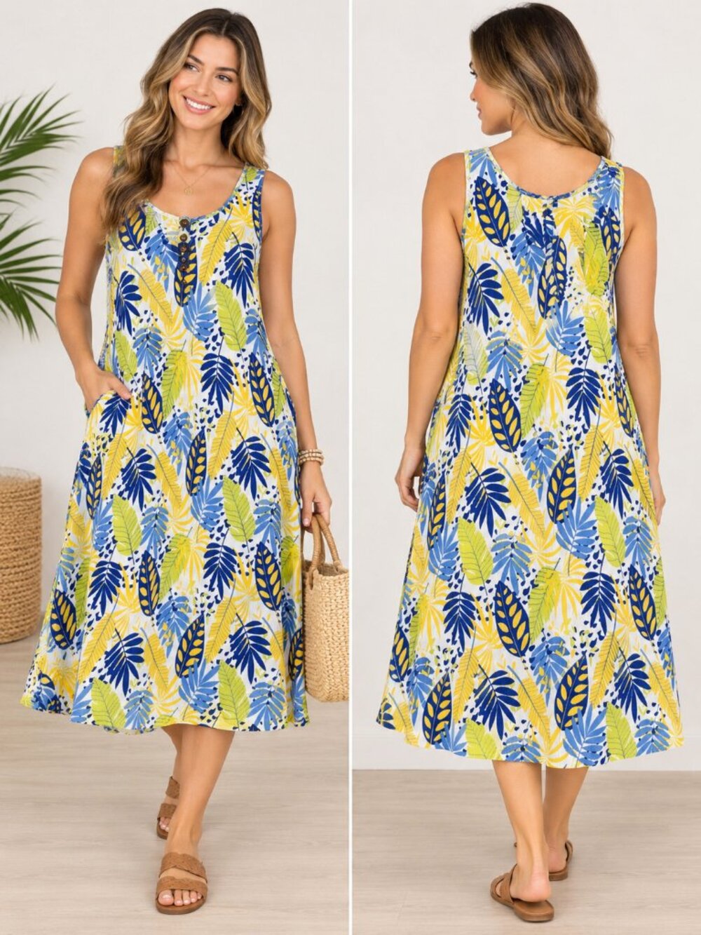 Water Lily Tropical Leaf Print Sleeveless Swing Midi Dress Size M